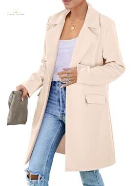 Women's Business Casual Long Blazer Jacket Notch Lapel Loose Fit